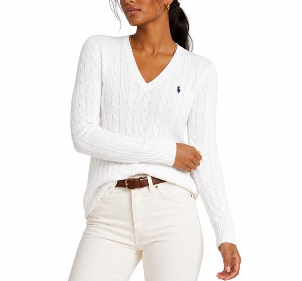 Polo Ralph Lauren Cable Knit V-Neck Sweater Jumper White 100% Cotton Women's M